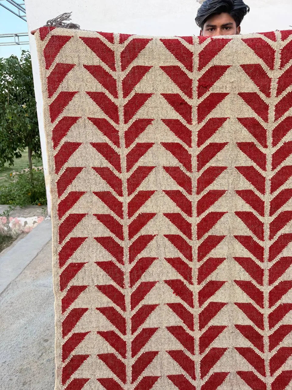 Handmade Red Geometric Wool Jute Kilim Area Rug with Tassels | Flatweave Tribal Rug for Living Room, Bedroom & Home Decor