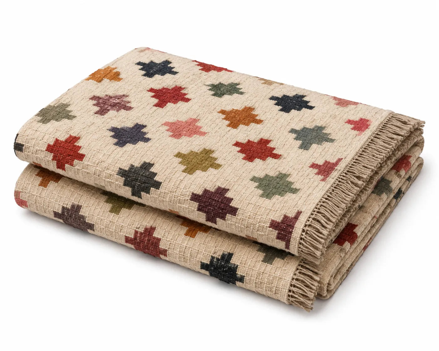 Handwoven Multicolor Wool Jute Kilim Area Rug – Handmade Tribal Flatweave Dhurrie with Geometric Cross Pattern