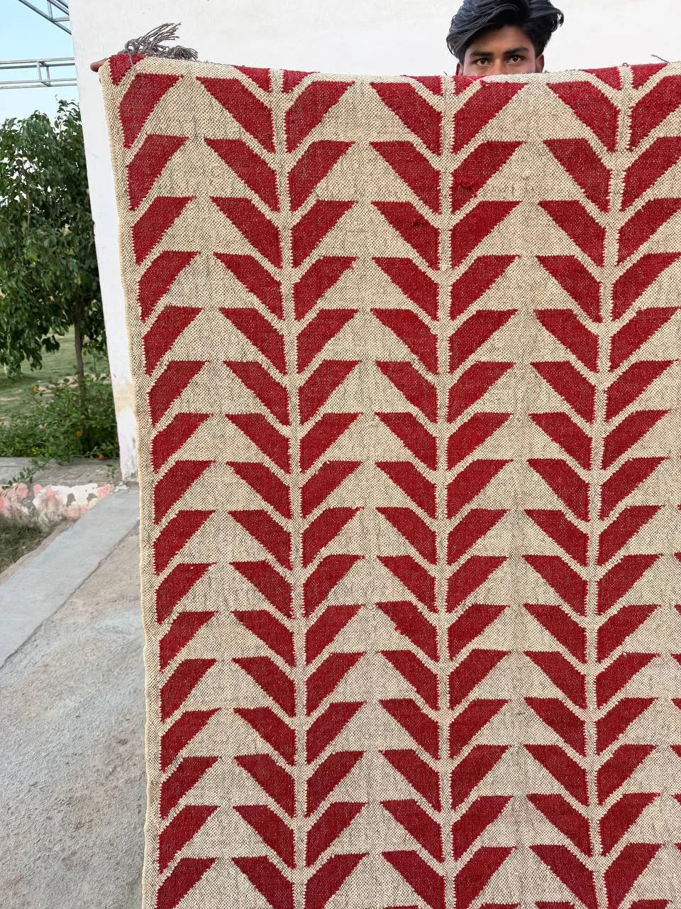 Handmade Red Geometric Wool Jute Kilim Area Rug with Tassels | Flatweave Tribal Rug for Living Room, Bedroom & Home Decor