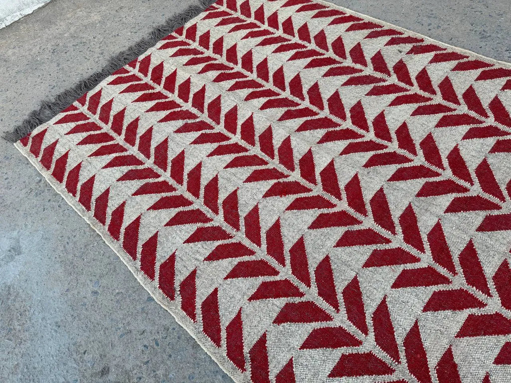 Handmade Red Geometric Wool Jute Kilim Area Rug with Tassels | Flatweave Tribal Rug for Living Room, Bedroom & Home Decor