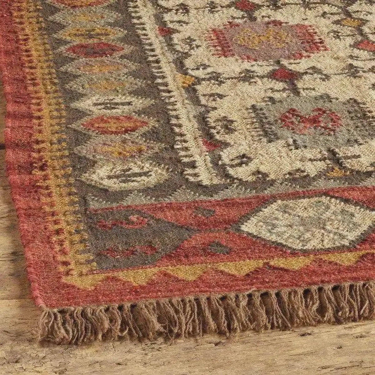 Handmade Wool Jute Dhurrie Rug – Rust Border Medallion Kilim, 4x6 to 9x12 Ft