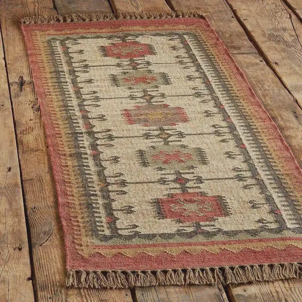 Handmade Wool Jute Dhurrie Rug – Rust Border Medallion Kilim, 4x6 to 9x12 Ft