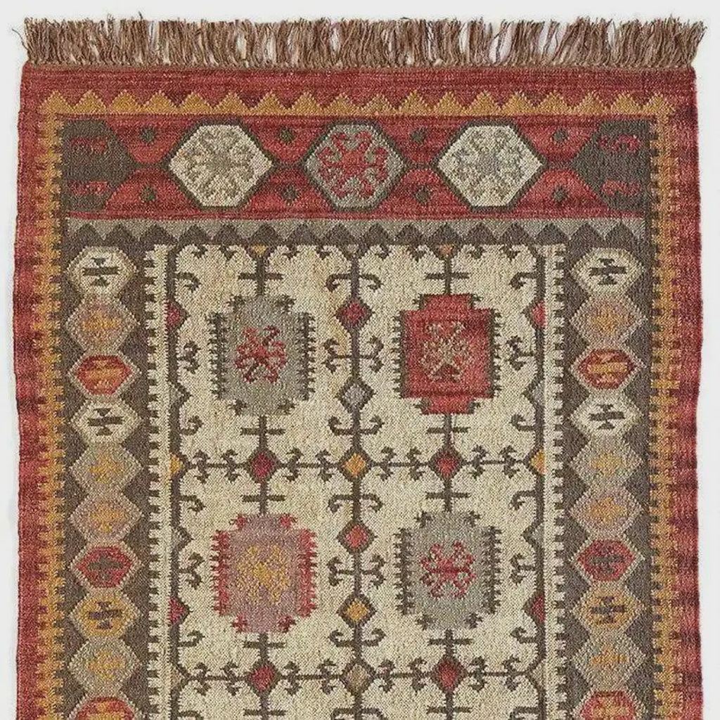 Handmade Wool Jute Dhurrie Rug – Rust Border Medallion Kilim, 4x6 to 9x12 Ft