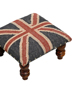 Handmade Union Jack Kilim Footstool – Wool Jute Upholstered Ottoman with Wooden Legs