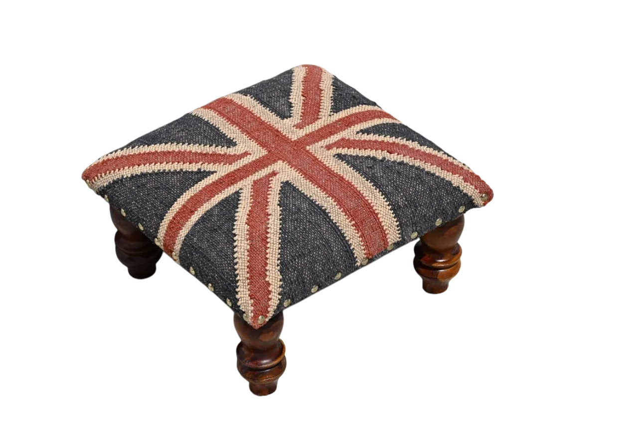 Handmade Union Jack Kilim Footstool – Wool Jute Upholstered Ottoman with Wooden Legs