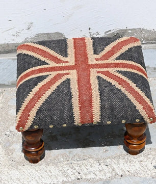 Handmade Union Jack Kilim Footstool – Wool Jute Upholstered Ottoman with Wooden Legs