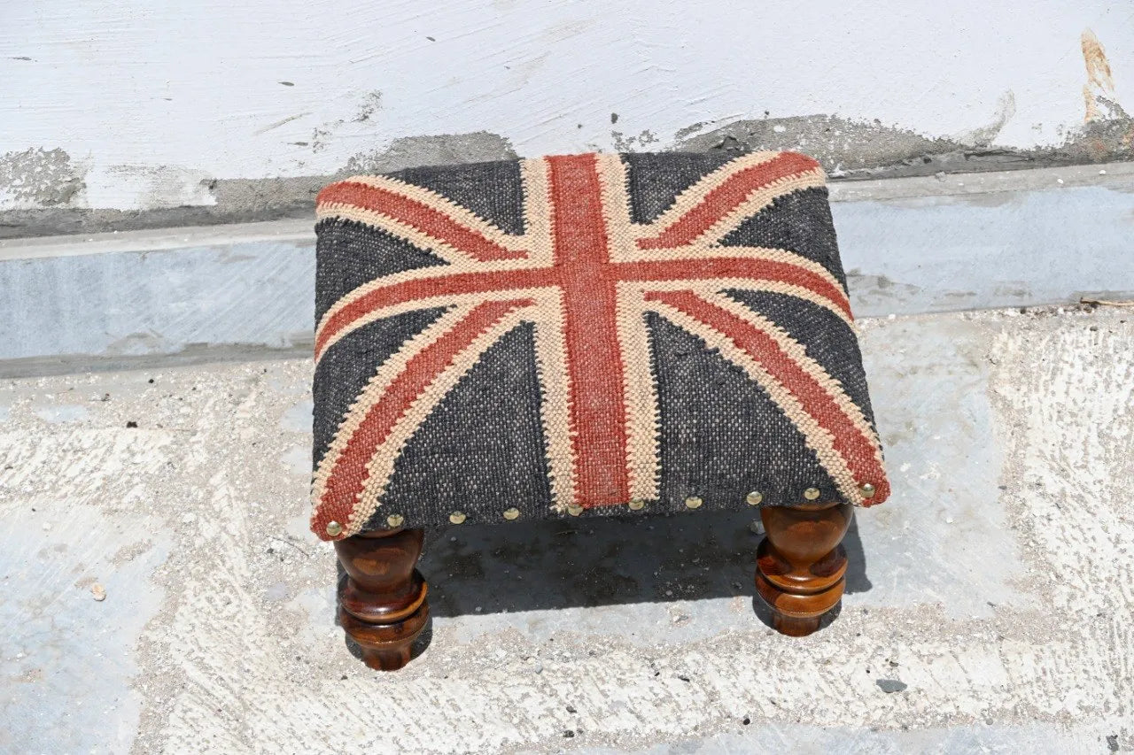 Handmade Union Jack Kilim Footstool – Wool Jute Upholstered Ottoman with Wooden Legs