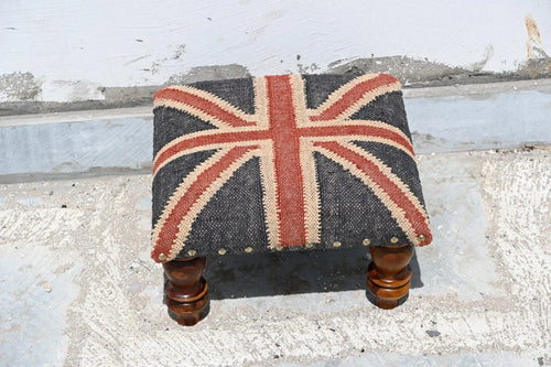 Handgemaakte Union Jack Kilim Voetbank – Wol Jute Gestoffeerde Otomaan met Houtbene