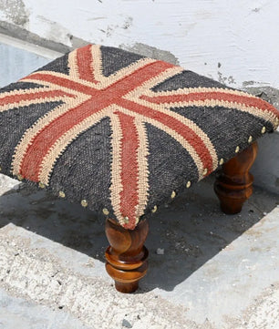 Handmade Union Jack Kilim Footstool – Wool Jute Upholstered Ottoman with Wooden Legs