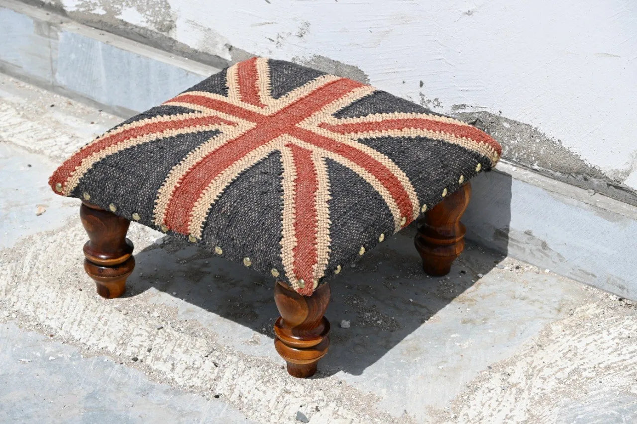 Handmade Union Jack Kilim Footstool – Wool Jute Upholstered Ottoman with Wooden Legs