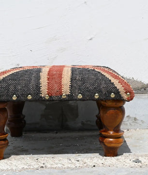 Handmade Union Jack Kilim Footstool – Wool Jute Upholstered Ottoman with Wooden Legs