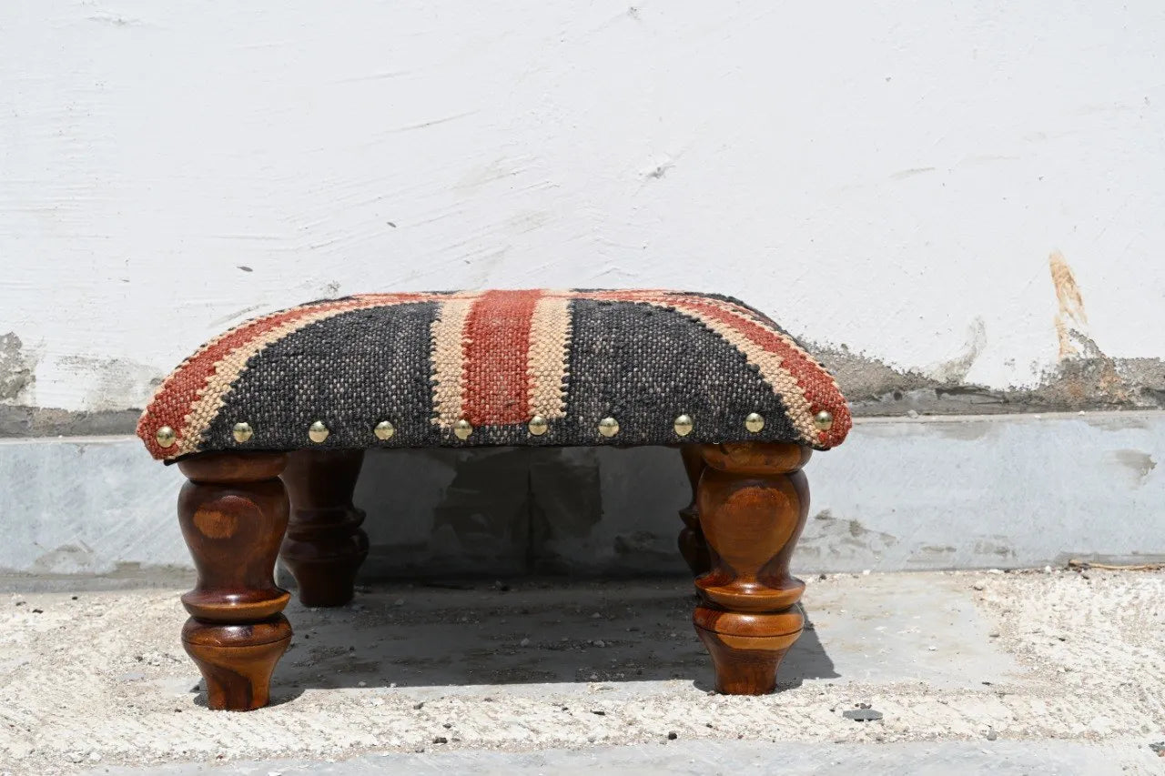 Handmade Union Jack Kilim Footstool – Wool Jute Upholstered Ottoman with Wooden Legs