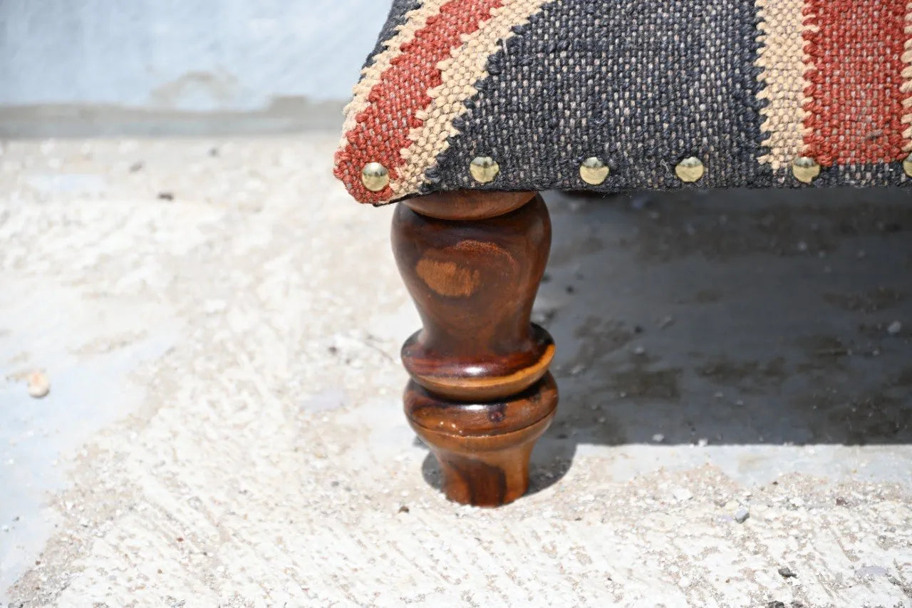 Handmade Union Jack Kilim Footstool – Wool Jute Upholstered Ottoman with Wooden Legs