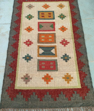 Boho Handmade Wool Kilim Rug, Rustic Flatweave Area Rug, Vintage Tribal Carpet, Southwestern Dhurrie Rug, Artisan Wool Jute Floor Rug