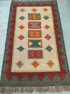 Boho Handmade Wool Kilim Rug, Rustic Flatweave Area Rug, Vintage Tribal Carpet, Southwestern Dhurrie Rug, Artisan Wool Jute Floor Rug