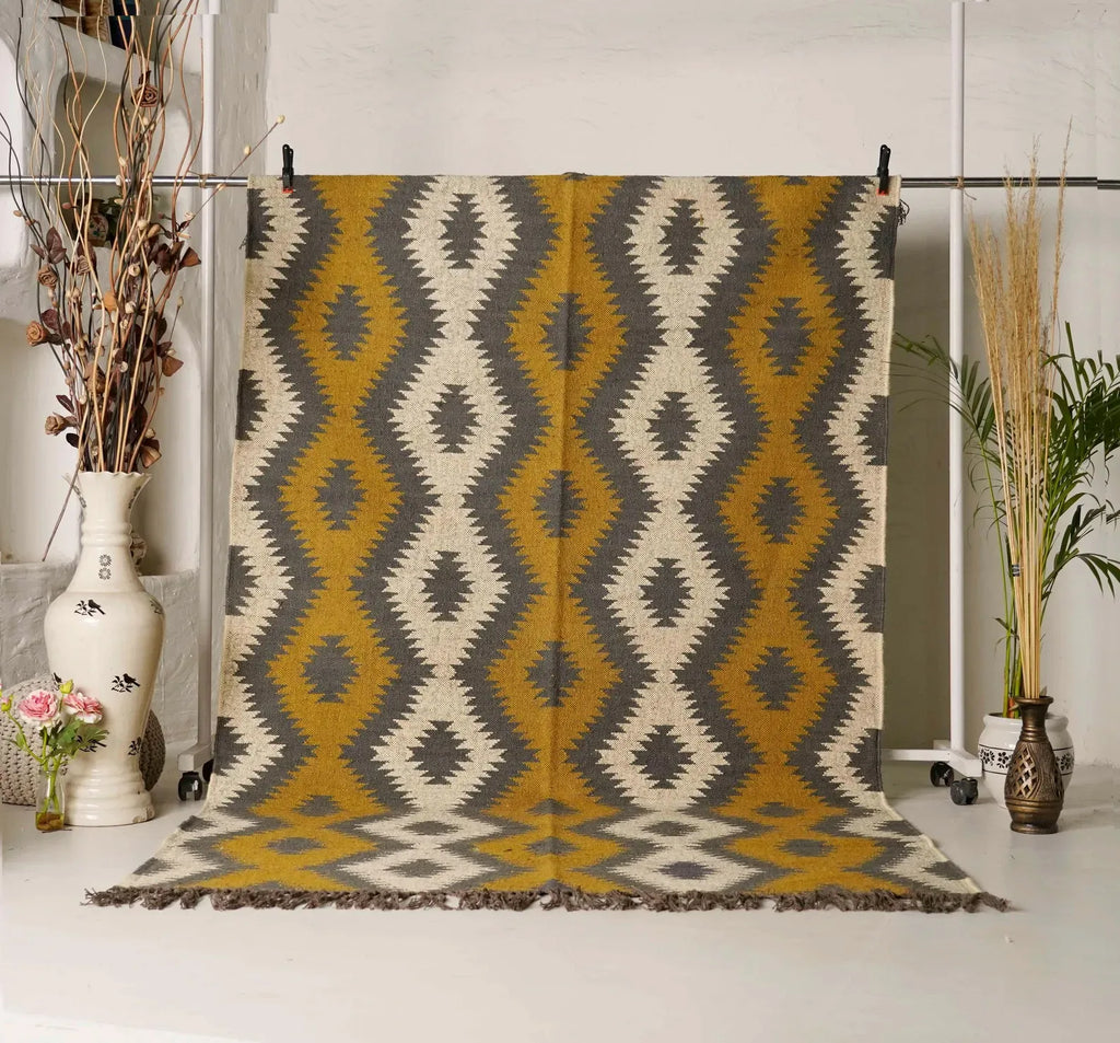 Ochre Diamond Kilim Dhurrie – Artisan-Woven Wool Jute Rug, 9x12 & Custom