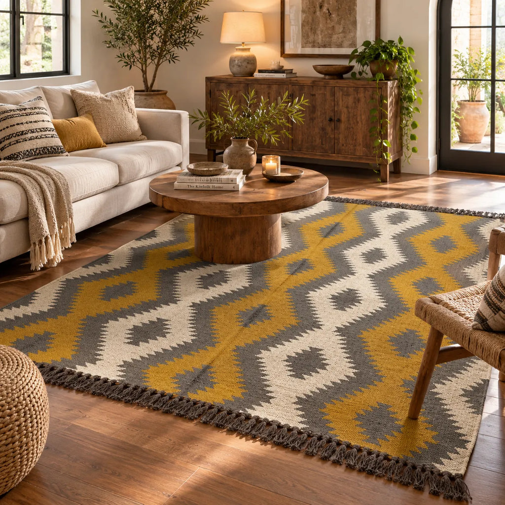 Ochre Diamond Kilim Dhurrie – Artisan-Woven Wool Jute Rug, 9x12 & Custom