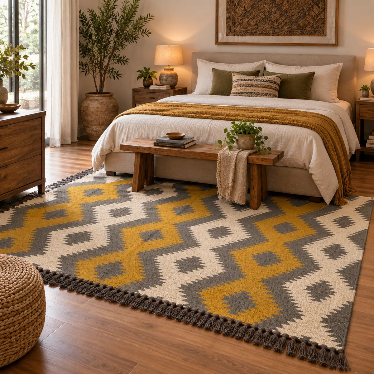 Ochre Diamond Kilim Dhurrie – Artisan-Woven Wool Jute Rug, 9x12 & Custom