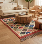 Artisan Mosaic Diamond Carpet – Hand-Loomed Wool Jute Dhurrie with Tassels
