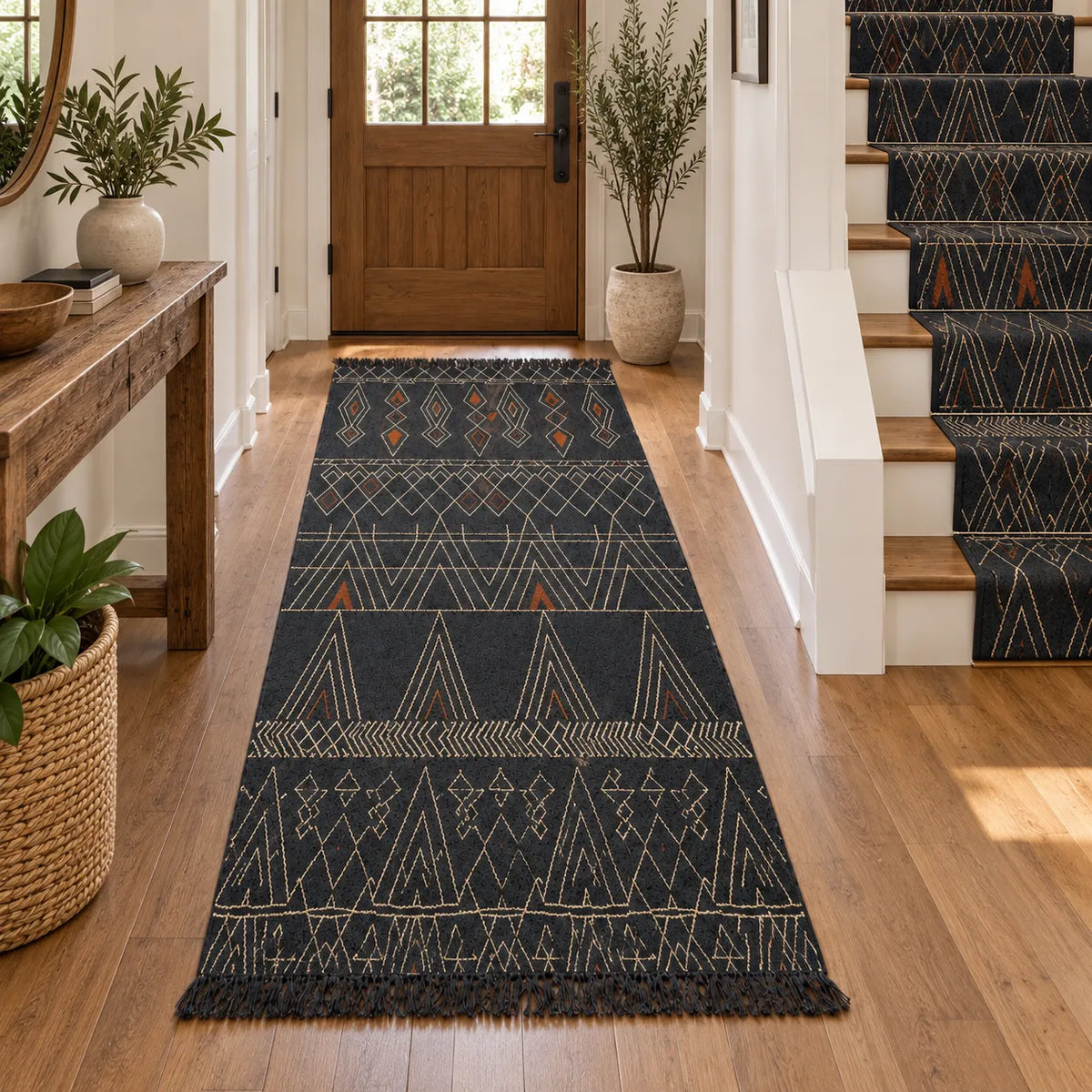 Graphite Wool Jute Dhurrie Runner – Artisan-Woven Geometric Stair & Corridor Rug