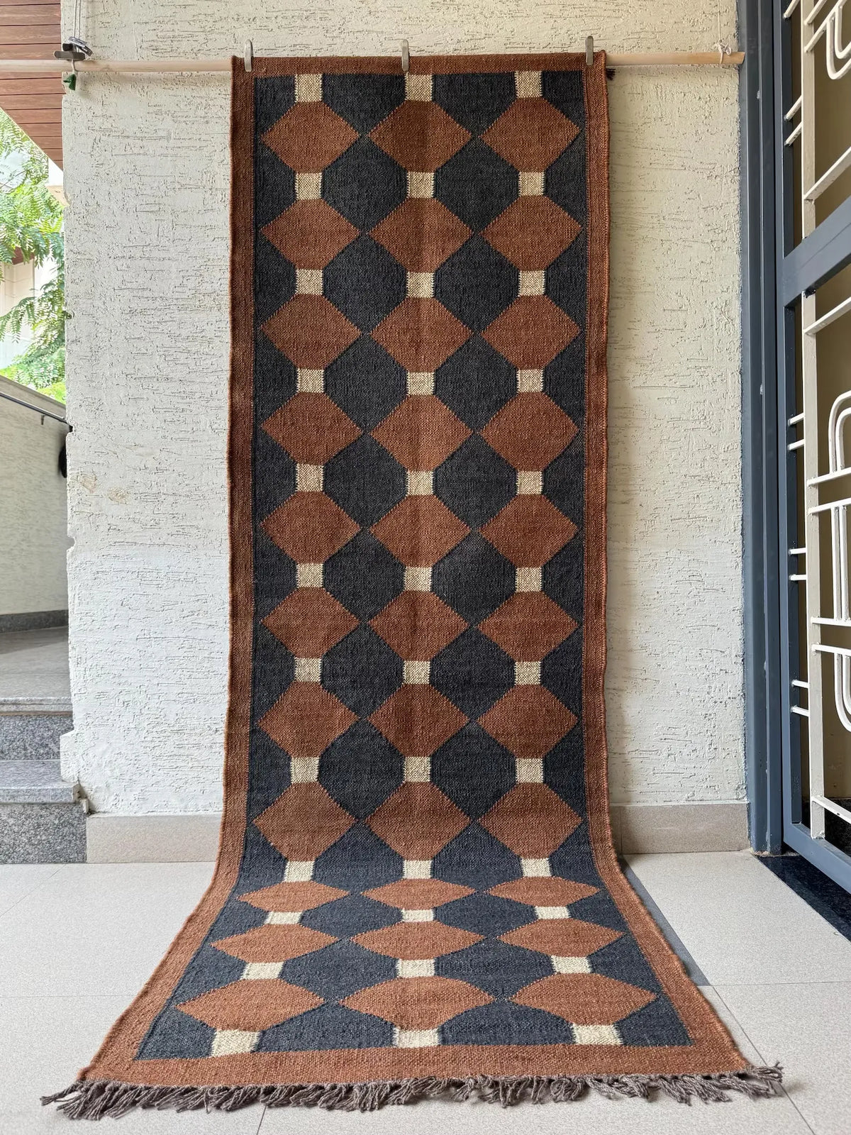 Charcoal Lattice Kilim Carpet Runner – Artisan-Woven Rust Diamond Rug, Made to Measure