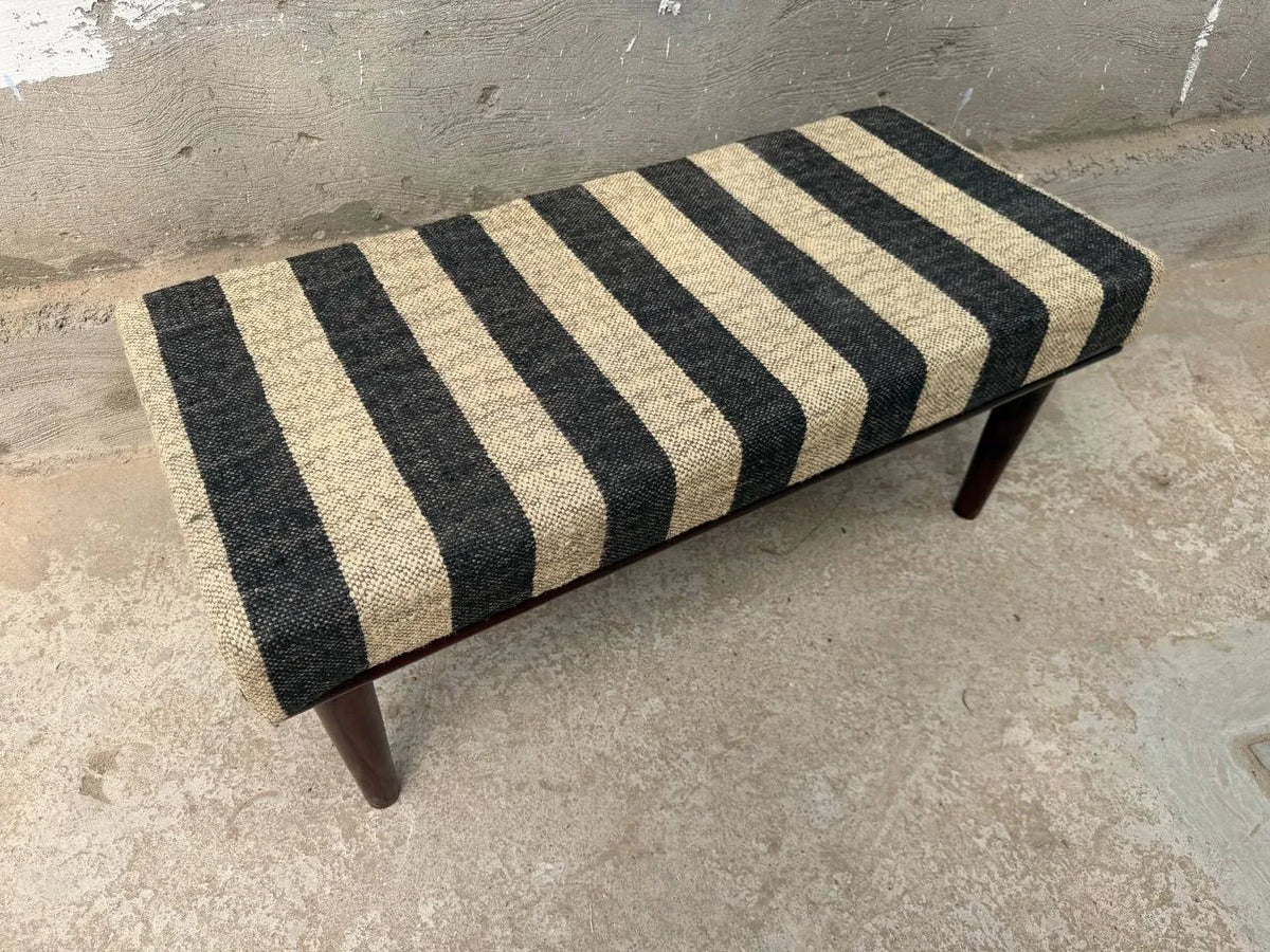 Monochrome Stripe Kilim Bench – Artisan-Upholstered Wooden Accent Ottoman