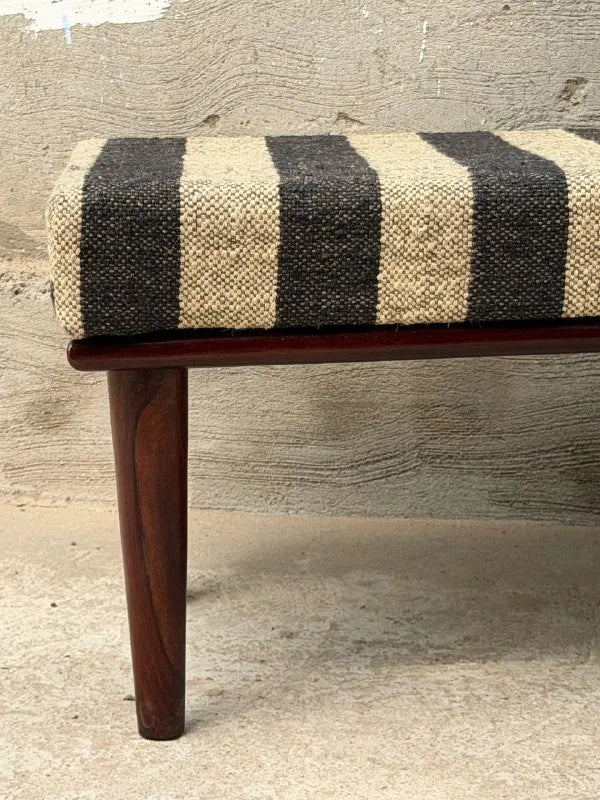 Monochrome Stripe Kilim Bench – Artisan-Upholstered Wooden Accent Ottoman