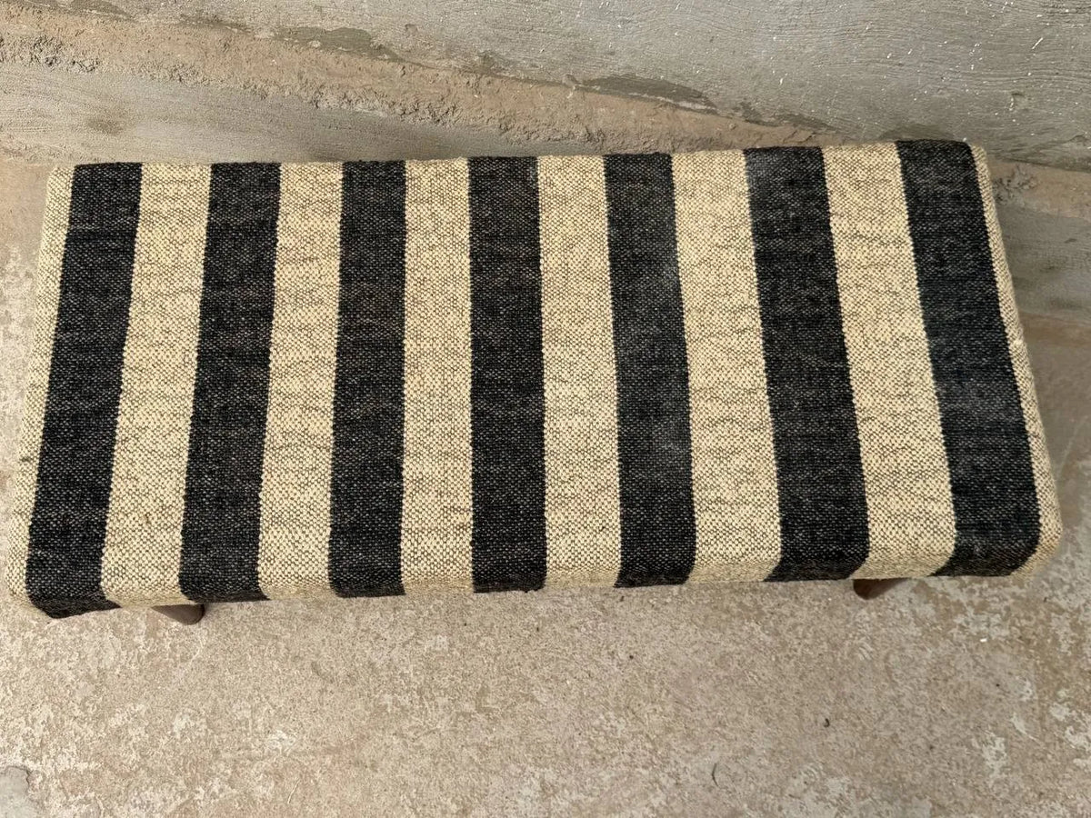 Monochrome Stripe Kilim Bench – Artisan-Upholstered Wooden Accent Ottoman