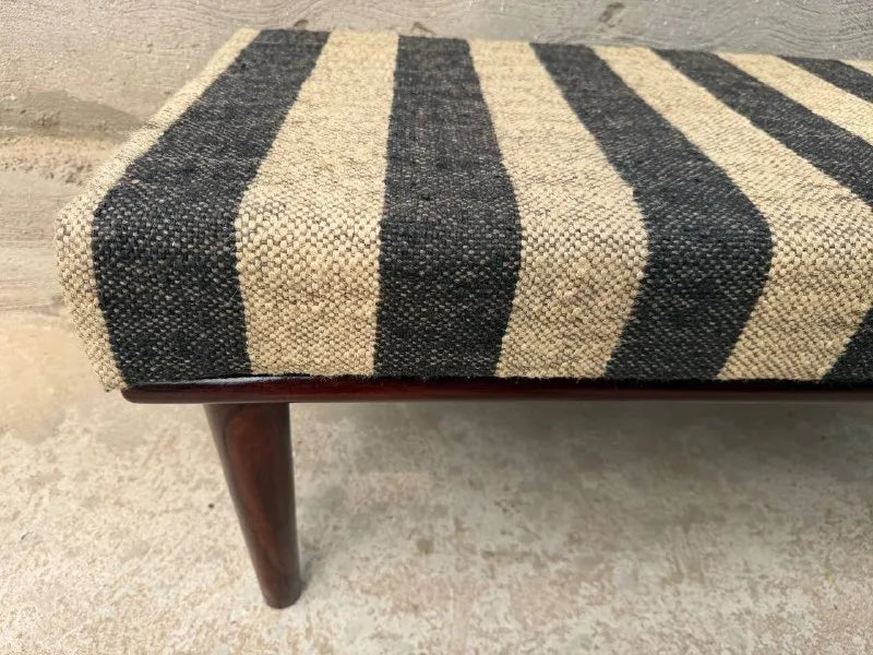 Monochrome Stripe Kilim Bench – Artisan-Upholstered Wooden Accent Ottoman
