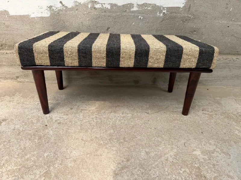 Monochrome Stripe Kilim Bench – Artisan-Upholstered Wooden Accent Ottoman