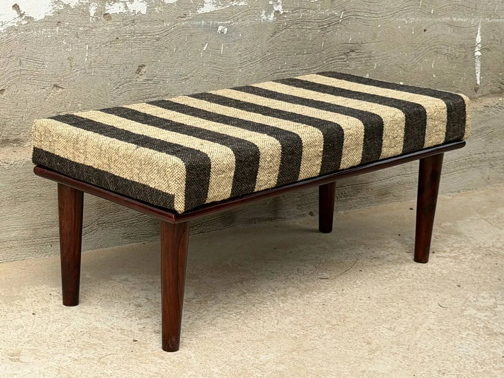 Monochrome Stripe Kilim Bench – Artisan-Upholstered Wooden Accent Ottoman