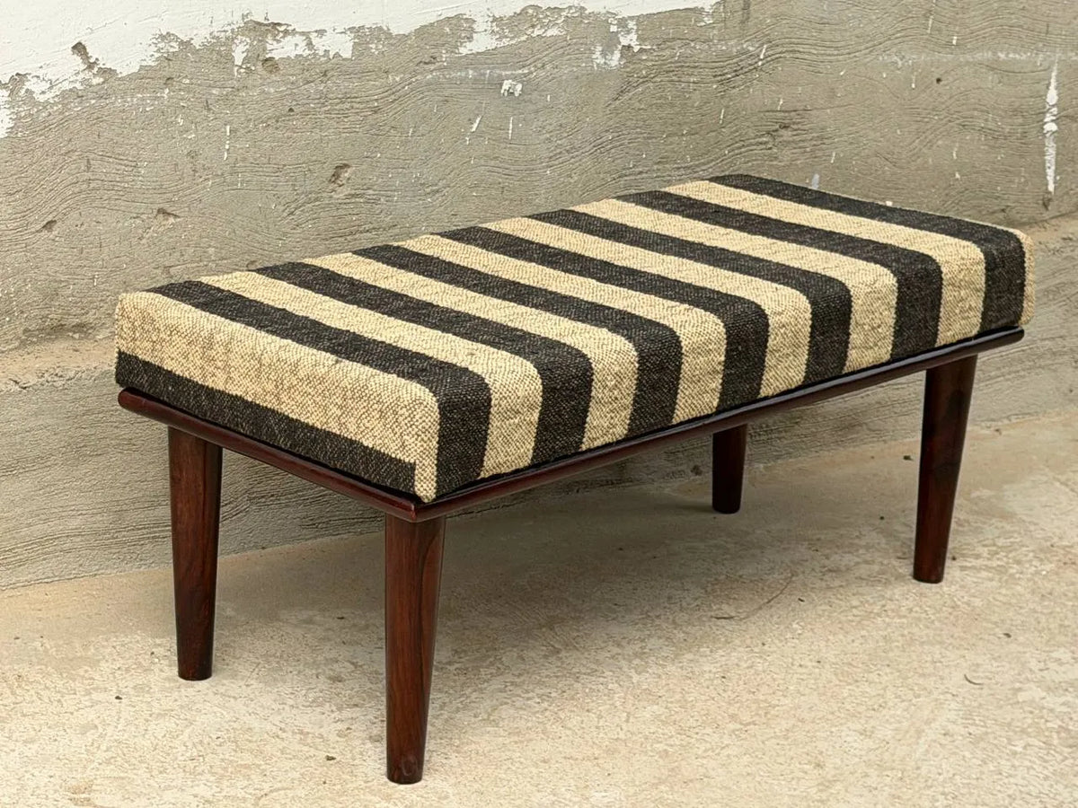 Monochrome Stripe Kilim Bench – Artisan-Upholstered Wooden Accent Ottoman