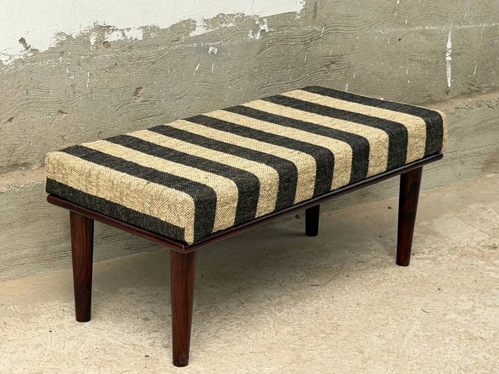 Monochrome Stripe Kilim Bench – Artisan-Upholstered Wooden Accent Ottoman