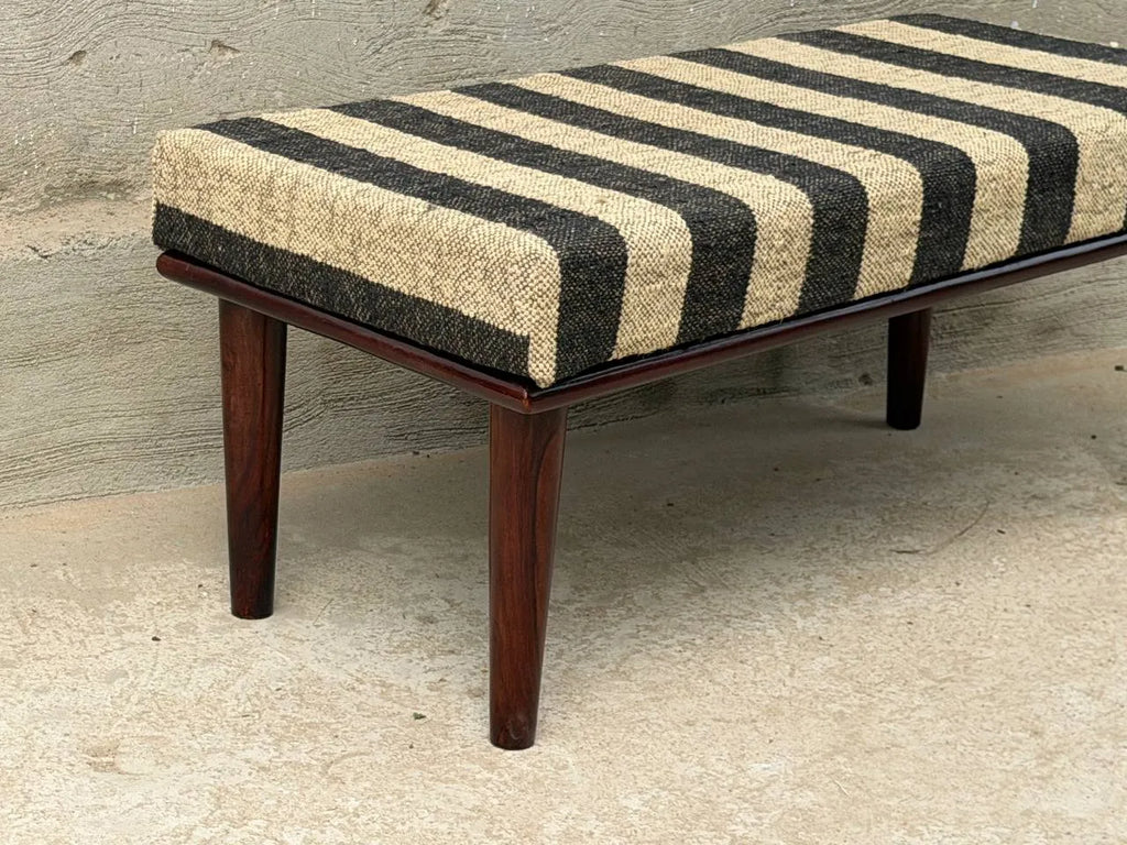 Monochrome Stripe Kilim Bench – Artisan-Upholstered Wooden Accent Ottoman