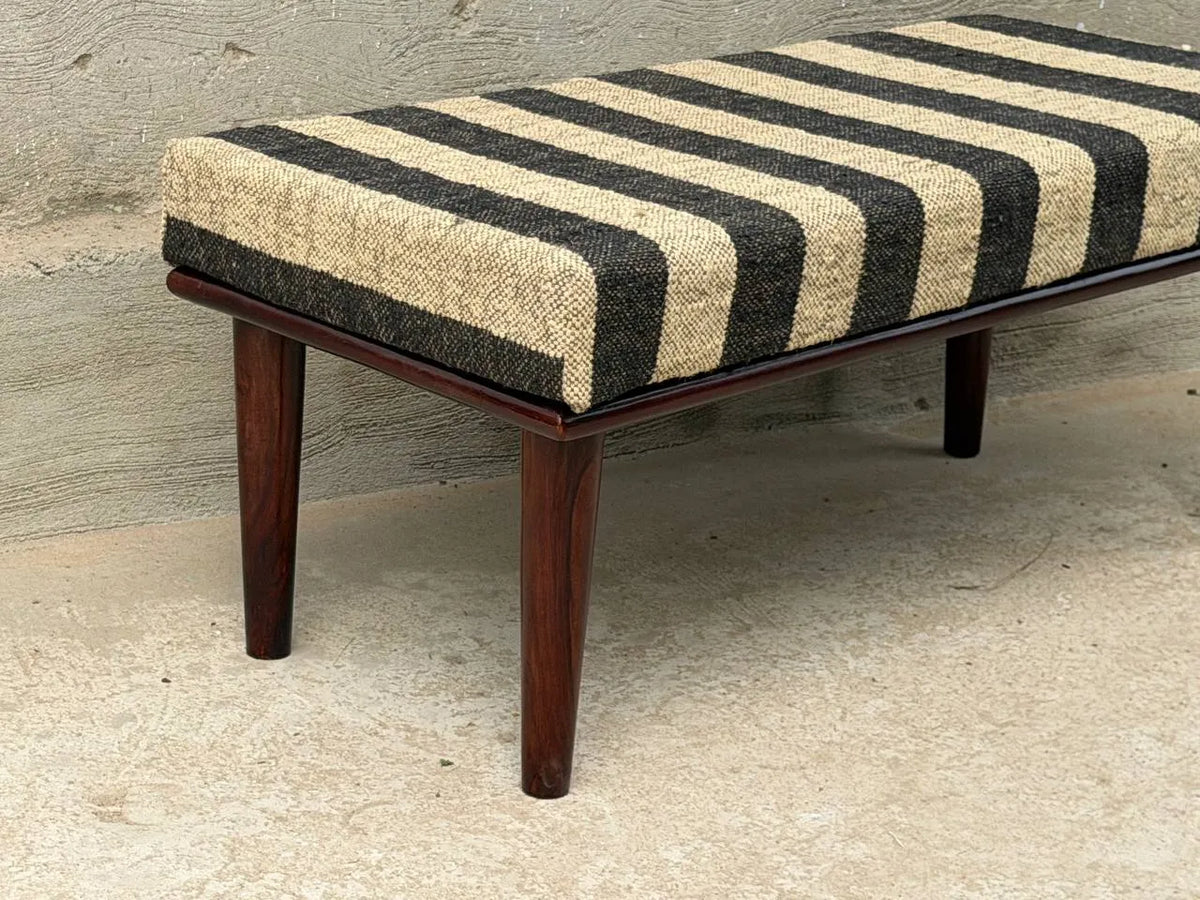 Monochrome Stripe Kilim Bench – Artisan-Upholstered Wooden Accent Ottoman