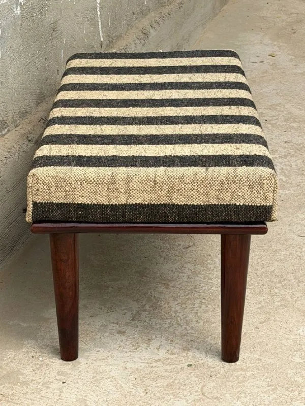 Monochrome Stripe Kilim Bench – Artisan-Upholstered Wooden Accent Ottoman