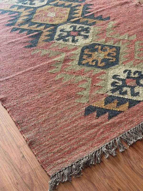 Houtskool Juweelkleurige Kilim Dhurrie – Handgeweefde Wol Jute Pronkmat