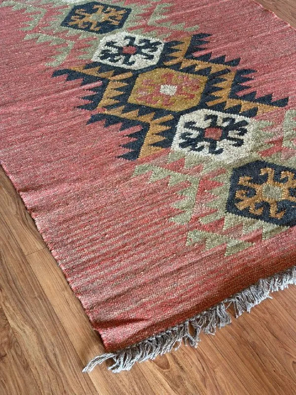 Houtskool Juweelkleurige Kilim Dhurrie – Handgeweefde Wol Jute Pronkmat