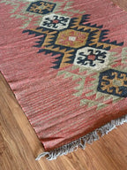 Houtskool Juweelkleurige Kilim Dhurrie – Handgeweefde Wol Jute Pronkmat