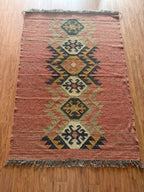 Houtskool Juweelkleurige Kilim Dhurrie – Handgeweefde Wol Jute Pronkmat