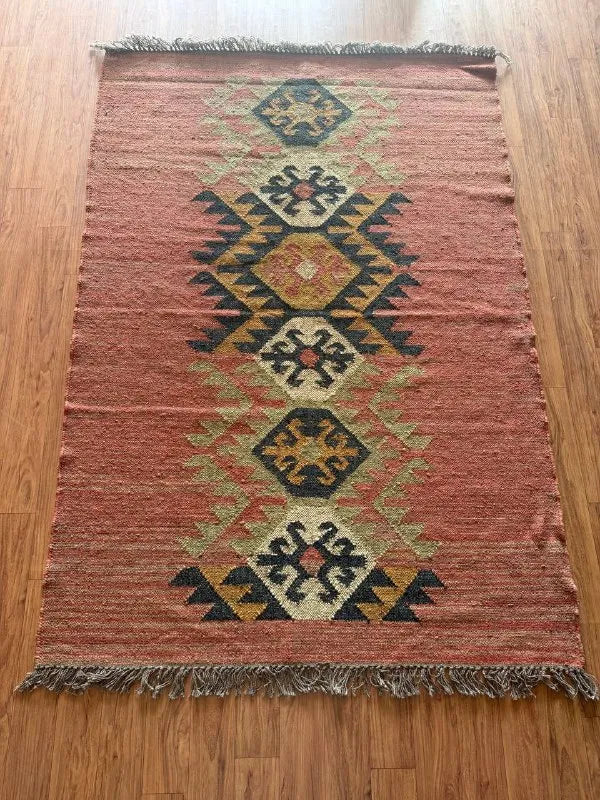Houtskool Juweelkleurige Kilim Dhurrie – Handgeweefde Wol Jute Pronkmat