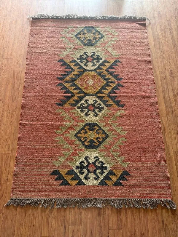 Houtskool Juweelkleurige Kilim Dhurrie – Handgeweefde Wol Jute Pronkmat