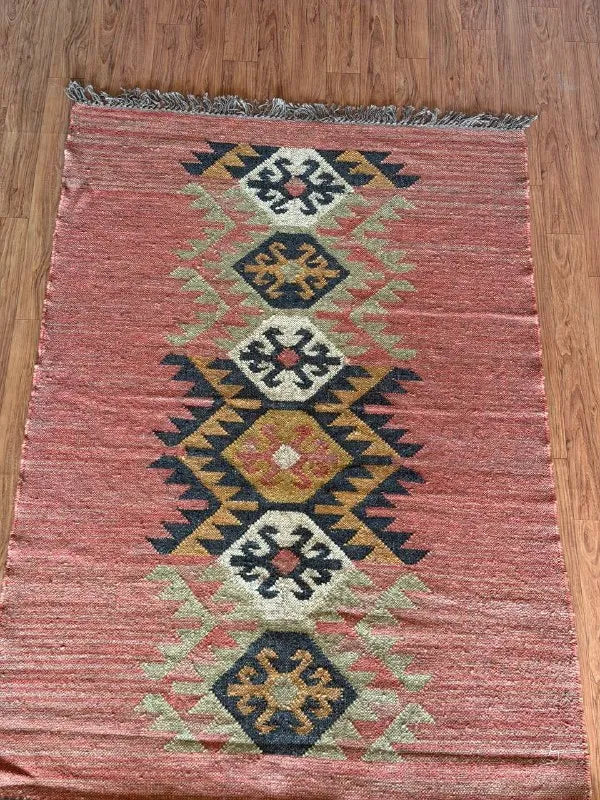 Houtskool Juweelkleurige Kilim Dhurrie – Handgeweefde Wol Jute Pronkmat