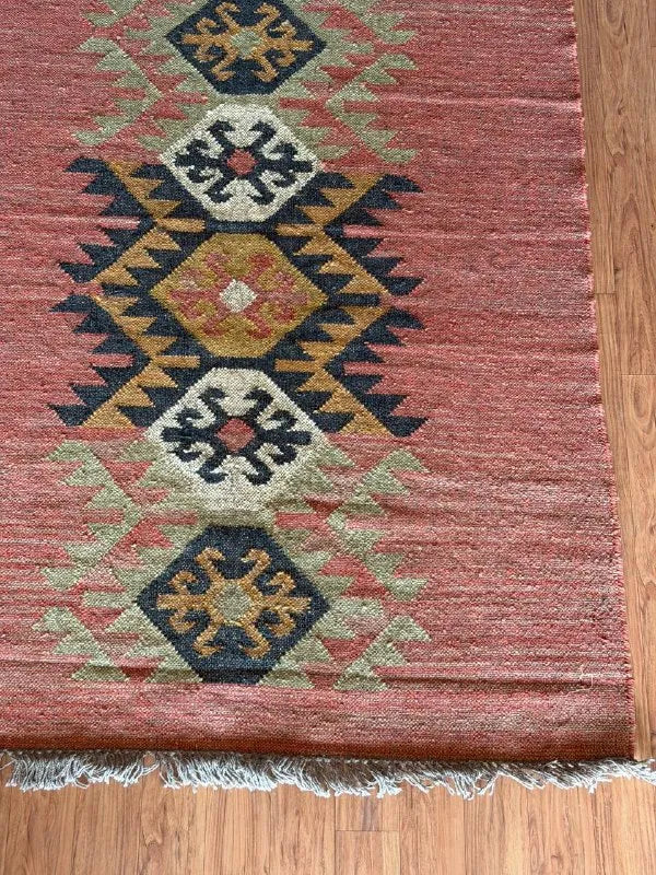 Houtskool Juweelkleurige Kilim Dhurrie – Handgeweefde Wol Jute Pronkmat