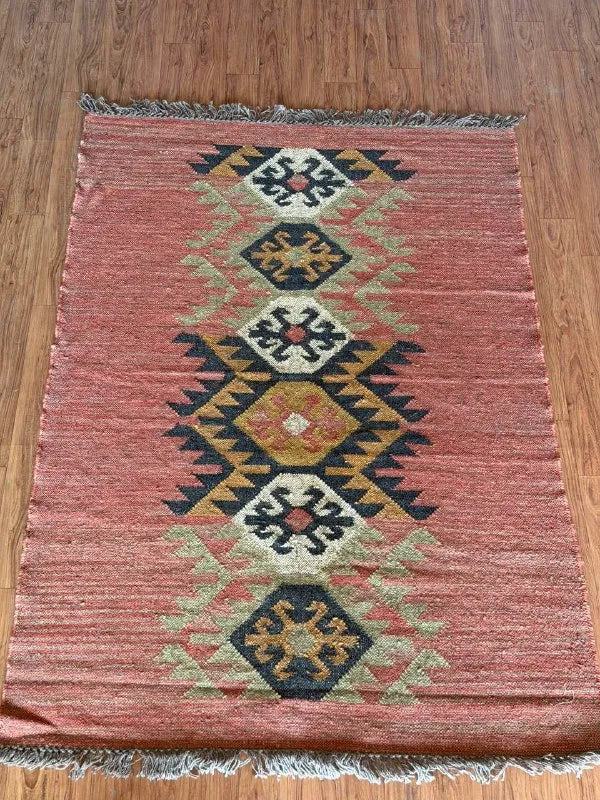 Houtskool Juweelkleurige Kilim Dhurrie – Handgeweefde Wol Jute Pronkmat