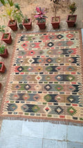 Handmade Wool Jute Kilim Rug, Bohemian Southwestern Area Rug, Reversible Flatweave Dhurrie Carpet, Tribal Geometric Floor Rug, Custom Size