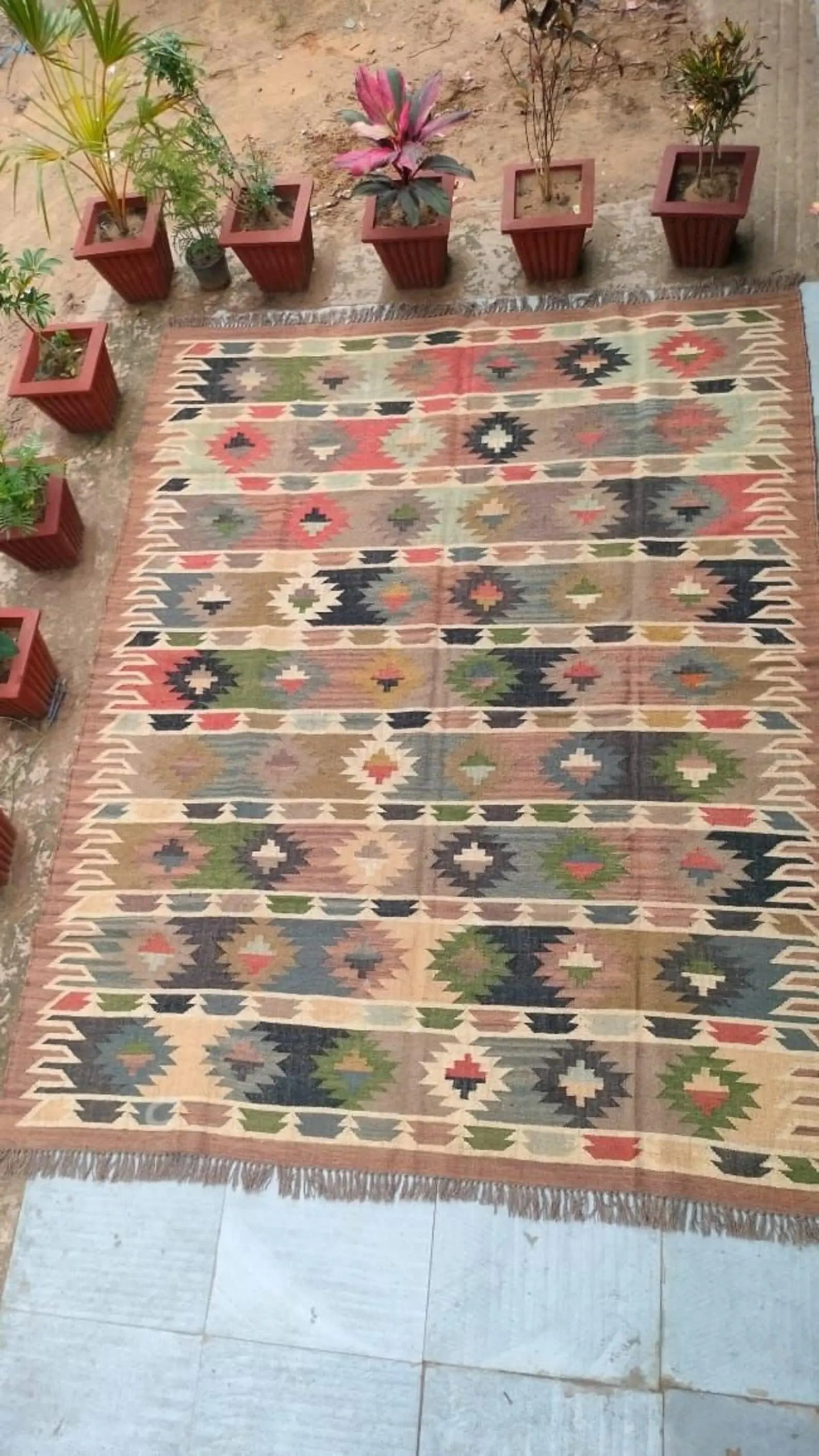 Handmade Wool Jute Kilim Rug, Bohemian Southwestern Area Rug, Reversible Flatweave Dhurrie Carpet, Tribal Geometric Floor Rug, Custom Size