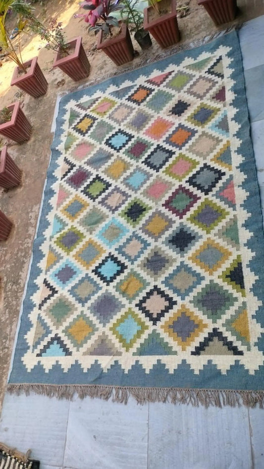 Colorful Handmade Wool Jute Area Rug, Geometric Flatweave Kilim Carpet, Reversible Farmhouse Boho Dhurrie, Custom Handmade Rug