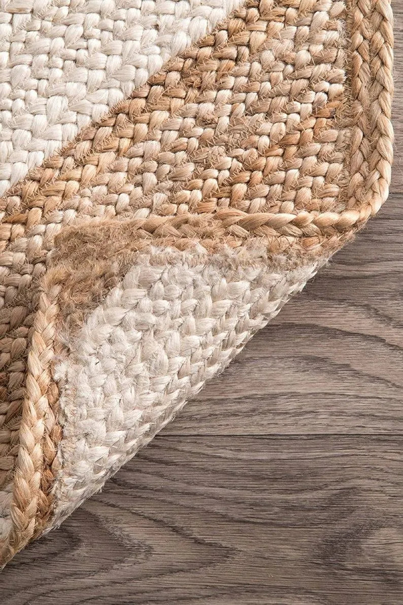 Hand-Braided Chevron Jute Area Rug – Beige and White Geometric Natural Fiber Rug
