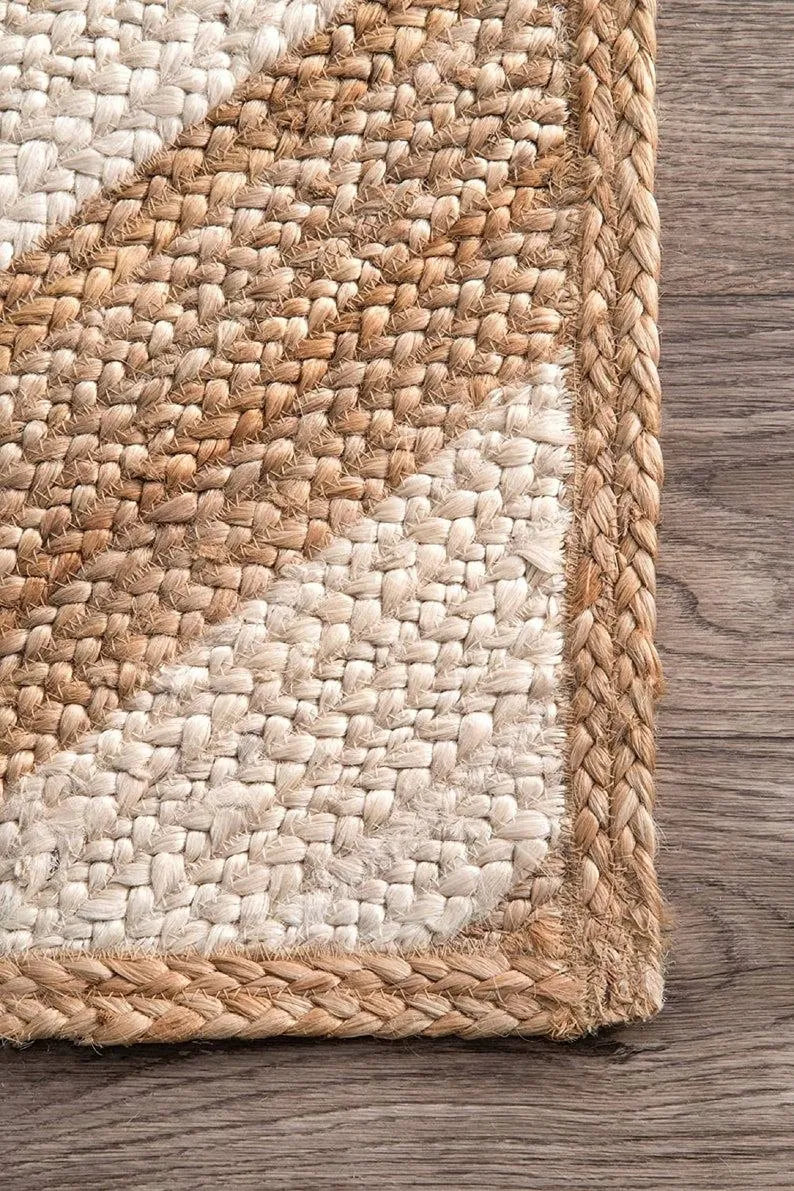 Hand-Braided Chevron Jute Area Rug – Beige and White Geometric Natural Fiber Rug
